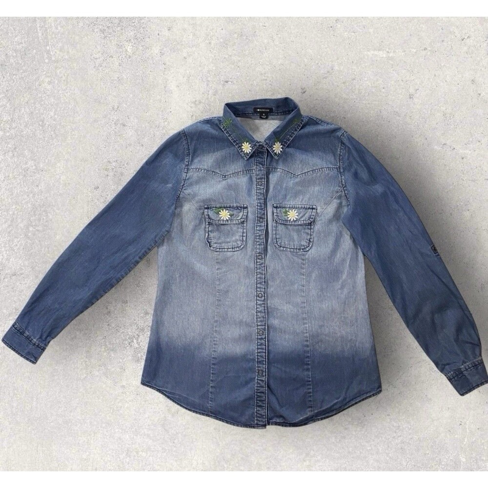 I Love Ronson Denim Shirt Womens Small Daisy Embroidered Western